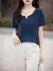 Camiseta de Manga Corta para Mujer Talla Grande Cuello en V Algodón Puro Verano 2026 Nuevo Diseño Algodón Delgado Top al por Mayor Color Sólido