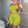 60650 Moda europea y americana para mujer producto nuevo de moda: Conjunto de top strapless con bloques de color a rayas de alta elasticidad y hombros descubiertos con shorts