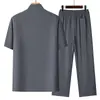 Traje Tang para Hombre de Mediana Edad y Ancianos, Conjunto de Seda Helada de Manga Corta, Atuendo de Verano para Papá, Cuello Mao, Abotonado, Conjunto de Dos Piezas Hanfu para Abuelo