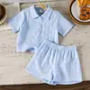 Conjunto de Roupa Casual Diária de Verão, Simples e Fashion, Transfronteiriço, com Top de Manga Curta Colarinho e Shorts para Meninos e Meninas
