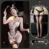 Lencería coqueta y sexy, estilo conejita de deseo puro, lazo calado, tentación sensual, transparente, body de entrepierna abierta para mujeres jóvenes