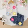 Roupas Infantis Europeias e Americanas Estilo Praia de Verão Feriado Conjunto de Duas Peças Colete de Tricô Floral + Shorts Retrô Em Estoque