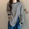 Camiseta de Manga Larga Rayada Versátil de Algodón Puro con Botones en la Espalda, Prenda Base para Mujer, Sudadera de Longitud Media para Primavera y Otoño