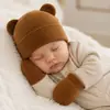 Amazon Novo Boné de Lã Tricô com Orelhas de Urso Fofo Conjunto de Chapéu e Luvas Quentes Outono Inverno Feminino