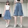 Calças Finas de Verão para Meninas de Outra Fronteira para Crianças Maiores, Jeans de Verão da Moda para Crianças do Ensino Fundamental, Calças de Comprimento Médio para Uso Externo