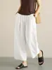 Verano Nuevo Color Sólido Algodón y Lino Pantalones de Pierna Ancha para Mujer Cintura Alta Elástico Lino Transpirable Pantalones Rectos Versátiles Pantalones Nueve Puntos Casual