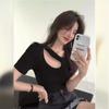 Camiseta de Diseño Irregular de Manga Corta Estilo Coreano Ajustada Estilo Dulce y Hot Top Corto para Mujer Chica Deportiva Hot fuera de la Calle
