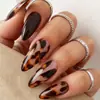 Unhas Vestíveis com Estampa de Leopardo Flamejante Gradiente Formato Amêndoa Longo Gradiente Preto Dourado Unhas Postiças Acabadas Removíveis Venda por Atacado