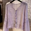 Camisa Púrpura de Diseño Francés con Mangas de Linterna para Mujer Verano 2026, Elegante Top Delgado de Manga Larga de Nicho Protector Solar