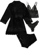 Amazon Pijama Sexy Feminino Europeu e Americano Conjunto de 4 Peças Renda Cetim Tentação Pijama Camisola Camisola Atacado