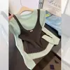 Camisa de malha de manga comprida feminina em dois tons, com visual de duas peças, novo estilo coreano para o início do outono, top casual e descontraído