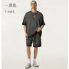 Comércio Transfronteiriço Peso Pesado Estilo Vintage Conjunto 280g Fio Duplo Algodão Puro Esportivo Casual Manga Curta Shorts em Estoque
