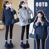 Sudadera de maternidad con patchwork de cuadros, estilo polo de dos piezas falsas, top casual holgado estilo coreano bordado
