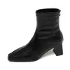 Botas femininas retrô francesas de patchwork marrom elásticas justas, bico quadrado, zíper traseiro, botins de salto alto, botas tipo meia para mulheres baixinhas
