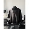 Moletom Gola Polo Cinza Escuro Masculino, Estilo Primavera e Outono, Camisa de Base Manga Longa High-Bottom, Jaqueta Lapela Retrô Americana
