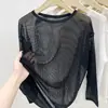 Blusa de tricô fina Tencel com decote redondo e detalhes vazados para mulheres, top de primavera/verão, modelo novo 2025, para ser usado com uma regata