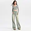 Calça Jeans Wide-Leg Azul Nostálgico para Mulheres Tendência Primavera e Outono 2025 Nova Versátil Solta Caimento Emagrecedor Reta Comprimento Total