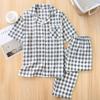 Pijama de Pareja, Algodón Puro Doble Capa de Gasa de Algodón, Conjunto de Verano para Hombre y Mujer con Cuello, Manga Corta, Pantalón Largo a Cuadros, Ropa de Casa Tallas Grandes