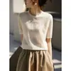 Top de punto de seda helada de alta gama de manga corta para mujer verano 2026 verano hueco estilo ins elegante cuello redondo holgado camiseta moderno