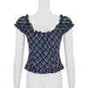 Camiseta Y2K para Mujer, Top Retro de Nicho Europeo y Americano a Cuadros con Volantes y Mangas Abullonadas, Cuello en V Sexy Estilo Ballet Francés, Adelgazante