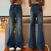 Jeans Acampanados Ajustados de Cintura Alta para Niñas de Primavera y Otoño, Pantalones Casuales Versátiles de Color Azul Vintage Rectos Sueltos