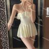 [4 colores] Nuevo traje de baño de estilo coreano para chica, sin tirantes, de color liso, con tirantes, conservador, que cubre el vientre, para estudiantes.