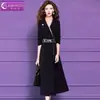 Vestido Preto Bordado Original Feimengyi para Mulheres, Design Estilo Chinês de Inverno, Ajuste Slim, Decote V, Comprimento Médio, Saia Flare