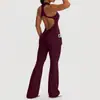 Macacão de Yoga Sem Mangas Estilo Europeu e Americano para Mulheres com Bolsos, Costas Nuas Sexy, Justo ao Corpo, Levanta Bumbum, Macacão Flare 62105