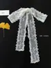 Lenço de Seda com Renda Branco Puro Feminino Vintage Longo Fino Fita Empilhado para Usar Versátil Colar Decorativo Lenço Fita