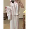 Pijama de encaje rosa claro estilo dulce para mujer, otoño, corte holgado, agradable para la piel, suave y cómodo, manga larga, pantalón largo, conjunto de loungewear para casa