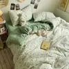 Juego de Cuatro Piezas de Algodón Puro Clase A Ropa de Cama para Dormir Desnudo Algodón Lavado con Agua Estilo Sábana Ajustable Ins Fresco Pequeño Sábana Funda de Edredón Dormitorio Juego de Tres Piezas