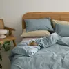 Conjunto de Quatro Peças Liso Colorido 100% Algodão Algodão Lavado Estilo Nórdico Dormitório Estudantil Roupa de Cama 100% Algodão Capa de Edredom Lençol com Elástico