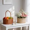 Cesta de Flores Ovalada Tejida de Mimbre Sintético, Cesta de Mimbre Hecha a Mano de Estilo Pastoral, Cesta de Almacenamiento para Souvenirs, Cesta Pequeña para Flores y Plantas Verdes