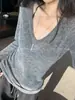 YOLO SHOP Esencial para el Otoño: Suéter Elegante de Lana de Alpaca Gris Cuello en V Versátil Ajustado Camisa Base