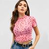Playera de Verano 2024 Manga Corta Crop Top Casual Rosa Dulce Top de Malla Camiseta con Estampado de Corazón Transparente