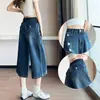 Jeans azules vintage rotos cropped para mujer, verano 2026, finos, de cintura alta, adelgazantes, de longitud media, pierna ancha, rectos