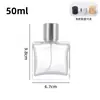 Frasco de perfume de vidro quadrado e plano com fundo grosso, com tampas dourada, prateada, preta e multicoloridas, frasco spray, frasco dispensador de perfume multi-tamanho, portátil e transparente
