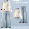 Conjunto de Dos Piezas Nuevo de Otoño Estilo Universitario para Niñas: Sudadera con cuello polo y jeans con lazo para niños