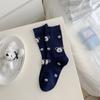 Meias Femininas Zhujie de Cano Médio para Primavera, Outono e Inverno, Estilo Trendy Ins com Listras de Cachorrinho, Meias Soltas de Algodão Sem Costura Versáteis