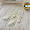 Meias de bolinhas com borda franzida para mulheres, meias brancas para primavera e outono, meias de algodão puro até a panturrilha, meias de bolinhas estilo japonês para estudantes, meias largas da moda ins para primavera e outono
