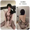 Noche Larga Lencería Romántica de Tirante al Cuello Espalda Descubierta Sexy Transparente Negro Seda Malla Medias Castidad Abertura en la Entrepierna Body 5393