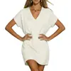 En stock 2026 nuevo modelo Amazon transfronterizo europeo y americano color liso cuello en V holgado manga corta elástico casual vestido
