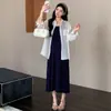 Vestido de Maternidad Verano Estilo Coreano Talla Grande Vestido Camiseta sin Mangas + Camisa Protectora Solar Estilo Coreano Conjunto de Dos Piezas de Maternidad
