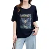 Nova camiseta de algodão de verão para mulheres, manga curta, plus size, com estampa de balão de ar quente com strass, top casual franzido para mulheres, moderno