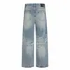 Estilo High Street Americano Calças Jeans Largas Lavadas e Desgastadas Moda de Rua Punk Rasgadas Vintage Casuais de Barra Reta para Homens