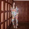 [Jardín Bosque Blanco] Pijama de Seda Helada Estampado para Mujer Manga Larga Holgado Talla Grande Delgado Conjunto de Ropa para el Hogar Primavera y Otoño