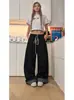 Jeans Rectos de Lunares con Cordón Estilo Retro Americano para Mujer, Nuevos de Otoño Casual Sueltos Adelgazantes de Pierna Ancha Versátiles