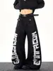 Jeans de Dobladillo Curvo con Estampado de Letras Estilo Streetwear Americano, Estilo Workwear Oscuro, Pantalones Largos Retro de Moda High Street
