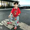 Ropa de Verano para Niños Tendencia Fresca Nuevo Estilo Niños Verano Versión Coreana Dinosaurio Manga Corta Pantalones Anchos Finos Conjunto para Niños Grandes Niños Niños