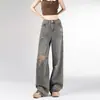 Jeans Rectos Desgastados Retro para Mujer Primavera 2025 Nuevo talla extra chica gordita Adelgazantes Sueltos de Cintura Alta Pierna Ancha